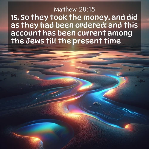 BasicEnglish Gospel of Matthew  ; image nature: image with the bible verse :So they took the money, and did as they had been ordered: and this account has been current among the Jews till the present time. ; Browse high-resolution Bible verse images featuring stunning nature photography, such as radiant sunsets, tranquil rivers, and blooming fields. Perfect for wallpapers or sharing on social media. Download KJV Gospel of Matthew 28:15. Current verse is overlayed with the thematic nature scene : Tidal pools reflect sunset colors at low tide. ; 28:15