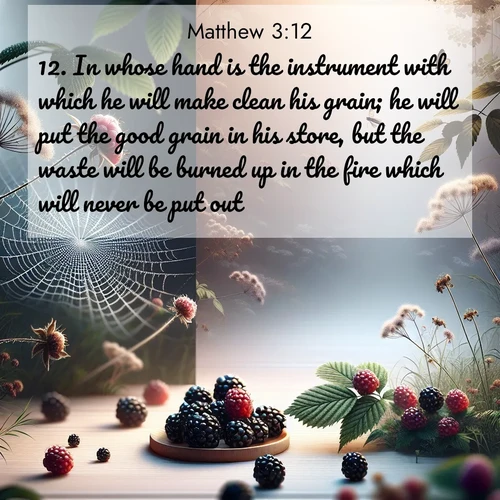 BasicEnglish Gospel of Matthew  ; image nature: image with the bible verse :In whose hand is the instrument with which he will make clean his grain; he will put the good grain in his store, but the waste will be burned up in the fire which will never be put out. ; Discover a unique collection of Bible verses adorned with winter landscapes, such as snow-covered forests, gently falling snowflakes, and pristine mountains. These images evoke the peace and purity of God&#039;s creation. Share verses like KJV Gospel of Matthew 3:12. Current verse is overlayed with the thematic nature scene : Wild blackberries ripen in secret hollows. Morning spider webs catch dew like diamonds. ; 3:12