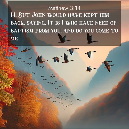 BasicEnglish Gospel of Matthew  ; image nature: image with the bible verse :But John would have kept him back, saying, It is I who have need of baptism from you, and do you come to me? ; Discover tranquil Bible verse images enhanced with natural scenery like rippling brooks, snow-covered fields, and sunlit beaches. These free images are perfect for wallpapers or spiritual reflection. Share KJV Gospel of Matthew 3:14. Current verse is overlayed with the thematic nature scene : Wild geese arrow through autumn skies. Their calls echo off mountain walls. ; 3:14