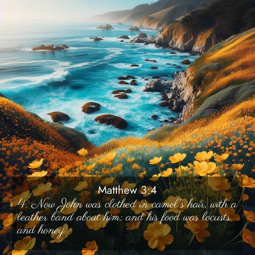 BasicEnglish Gospel of Matthew  ; image nature: image with the bible verse :Now John was clothed in camel&#039;s hair, with a leather band about him; and his food was locusts and honey. ; Browse an inspiring gallery of Bible verse images with nature photos, such as blooming gardens, golden deserts, and shaded forests. The chosen images capture the peaceful and joyful essence of God&#039;s creation, with vibrant colors and harmonious fonts. Share verses like KJV Gospel of Matthew 3:4. Current verse is overlayed with the thematic nature scene : Wild mustard flowers carpet coastal cliffs. Pacific waves provide endless percussion below. ; 3:4