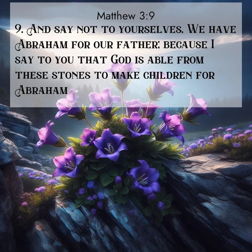BasicEnglish Gospel of Matthew  ; image nature: image with the bible verse :And say not to yourselves, We have Abraham for our father; because I say to you that God is able from these stones to make children for Abraham. ; Admire our gallery of Bible verse images showcasing divine beauty in nature—whether snowy peaks or serene oceans. Each image is freely downloadable and perfect for personal or spiritual use. Share verses like KJV Gospel of Matthew 3:9. Current verse is overlayed with the thematic nature scene : Wild gentians bloom in rocky cracks. Summer storms gather above treeline. ; 3:9