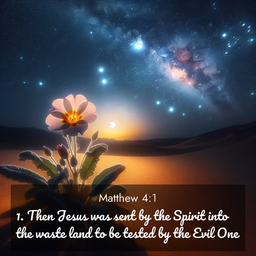 BBE Gospel of Matthew 4:1 overlaying nature image scene: Desert primrose opens to stars. Night wind carries sweet perfume.;1. Then Jesus was sent by the Spirit into the waste land to be tested by the Evil One.