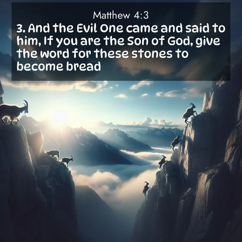 BBE Gospel of Matthew 4:3 overlaying nature image scene: Mountain goats traverse sheer faces. Clouds part to reveal their path.;3. And the Evil One came and said to him, If you are the Son of God, give the word for these stones to become bread.