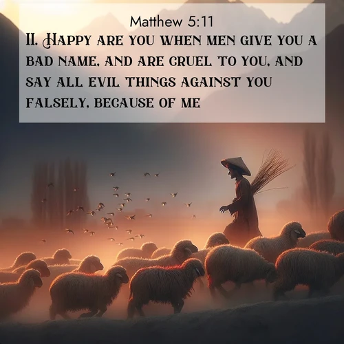 BasicEnglish Gospel of Matthew  ; image nature: image with the bible verse :Happy are you when men give you a bad name, and are cruel to you, and say all evil things against you falsely, because of me. ; Browse a gallery of Bible verses paired with summer scenes, such as golden wheat fields, bright skies, and sunny beaches. These images convey the joy and warmth of God&#039;s creation. Download and share verses like KJV Gospel of Matthew 5:11. Current verse is overlayed with the thematic nature scene : A shepherd guides his flock home. Sunset paints wool golden red. ; 5:11