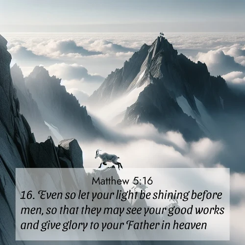 BBE Gospel of Matthew 5:16 overlaying nature image scene: Mountain goats navigate impossible peaks. Clouds swirl beneath their sure feet.;16. Even so let your light be shining before men, so that they may see your good works and give glory to your Father in heaven.