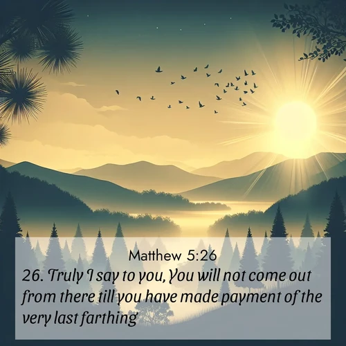 BasicEnglish Gospel of Matthew  ; image nature: image with the bible verse :Truly I say to you, You will not come out from there till you have made payment of the very last farthing. ; Admire our free collection of Bible verse images with beautiful landscapes like sunlit forests, rippling waters, and radiant dawns. Each verse, such as KJV Gospel of Matthew 5:26, is ready to download and share. Current verse is overlayed with the thematic nature scene : Morning mist reveals hidden valleys. Birdsong heralds the dawn. ; 5:26