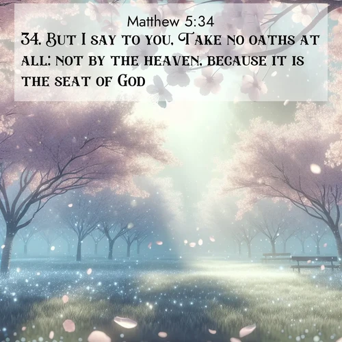 BasicEnglish Gospel of Matthew  ; image nature: image with the bible verse :But I say to you, Take no oaths at all: not by the heaven, because it is the seat of God; ; Explore a gallery of beautiful Bible verse images with tranquil natural settings—perfect for phone backgrounds or inspirational posts. Download your favorite verses like KJV Gospel of Matthew 5:34 today. Current verse is overlayed with the thematic nature scene : Spring rain falls on cherry trees in full bloom, petals drifting like snow. ; 5:34