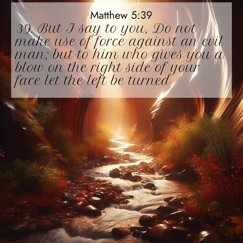 BBE Gospel of Matthew 5:39 overlaying nature image scene: Autumn rain creates temporary streams in slot canyons.;39. But I say to you, Do not make use of force against an evil man; but to him who gives you a blow on the right side of your face let the left be turned.