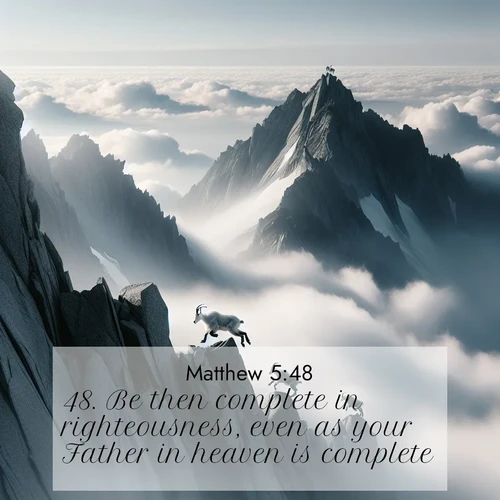 BasicEnglish Gospel of Matthew  ; image nature: image with the bible verse :Be then complete in righteousness, even as your Father in heaven is complete. ; Admire Bible images evoking autumn, with warm colors of fallen leaves, harvested fields, and tranquil woods. These inspiring landscapes reflect the transition and beauty of God&#039;s creation. Download verses like KJV Gospel of Matthew 5:48. Current verse is overlayed with the thematic nature scene : Mountain goats navigate impossible peaks. Clouds swirl beneath their sure feet. ; 5:48
