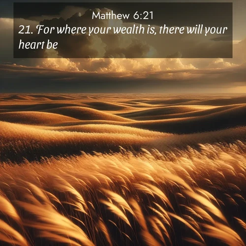 BBE Gospel of Matthew 6:21 overlaying nature image scene: Prairie grass waves like a golden ocean. Storm clouds build towers on the horizon.;21. For where your wealth is, there will your heart be.