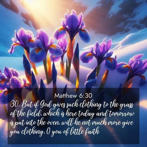 BBE Gospel of Matthew 6:30 overlaying nature image scene: Wild iris blooms pierce through melting snow. Alpine sunlight ignites their petals.;30. But if God gives such clothing to the grass of the field, which is here today and tomorrow is put into the oven, will he not much more give you clothing, O you of little faith?