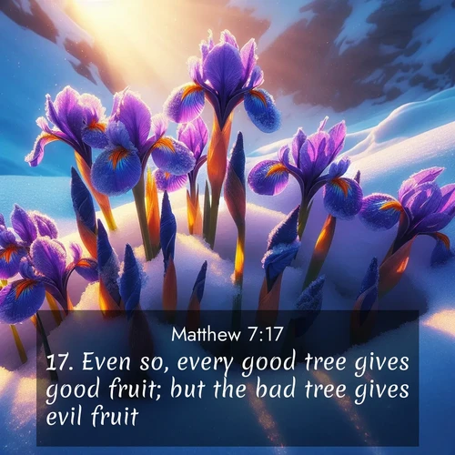 BasicEnglish Gospel of Matthew  ; image nature: image with the bible verse :Even so, every good tree gives good fruit; but the bad tree gives evil fruit. ; Explore our gallery of inspiring Bible verse images showcasing divine beauty through nature. Download scenic images like snowy peaks, lush meadows, or radiant sunsets paired with verses like KJV Gospel of Matthew 7:17. Current verse is overlayed with the thematic nature scene : Wild iris blooms pierce through melting snow. Alpine sunlight ignites their petals. ; 7:17