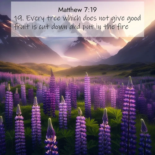 BBE Gospel of Matthew 7:19 overlaying nature image scene: Wild lupines paint mountain meadows purple. Snow lingers on distant peaks.;19. Every tree which does not give good fruit is cut down and put in the fire.
