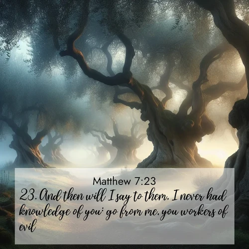 BBE Gospel of Matthew 7:23 overlaying nature image scene: Mist rolls through an ancient olive grove at dawn. Each gnarled trunk tells stories of centuries past.;23. And then will I say to them, I never had knowledge of you: go from me, you workers of evil.
