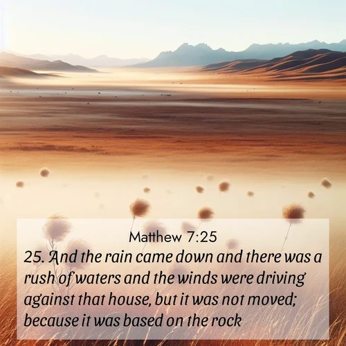 BBE Gospel of Matthew 7:25 overlaying nature image scene: Autumn wind sends tumbleweeds dancing across the prairie.;25. And the rain came down and there was a rush of waters and the winds were driving against that house, but it was not moved; because it was based on the rock.