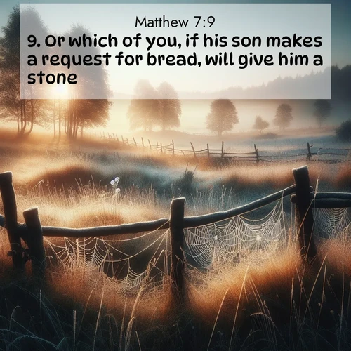 BBE Gospel of Matthew 7:9 overlaying nature image scene: Morning frost coats spider webs stretched between fence posts in a country meadow.;9. Or which of you, if his son makes a request for bread, will give him a stone?