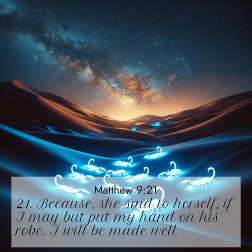 BBE Gospel of Matthew 9:21 overlaying nature image scene: Desert scorpions glow under black light. Stars wheel in infinite darkness.;21. Because, she said to herself, if I may but put my hand on his robe, I will be made well.