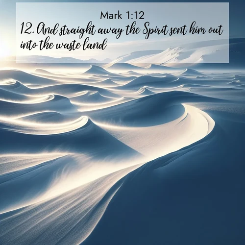 BasicEnglish Gospel of Mark  ; image nature: image with the bible verse :And straight away the Spirit sent him out into the waste land. ; Download Bible verse images featuring vibrant photos of nature, from snowy landscapes to golden deserts. These free images are perfect for phone wallpapers, desktop backgrounds, or sharing. Verses include KJV Gospel of Mark 1:12. Current verse is overlayed with the thematic nature scene : Winter winds sculpt snow into graceful dunes across the tundra. ; 1:12
