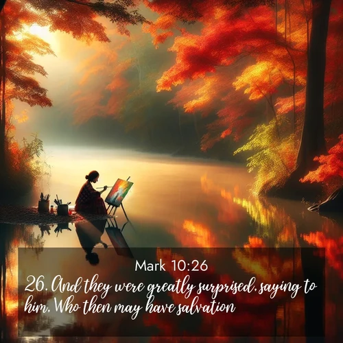 BBE Gospel of Mark 10:26 overlaying nature image scene: An artist paints beside still waters. Autumn colors double in reflection.;26. And they were greatly surprised, saying to him, Who then may have salvation?