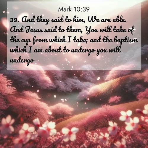 BBE Gospel of Mark 10:39 overlaying nature image scene: Cherry blossoms blanket the hillside in soft pink snow, swirling through the air like nature's confetti.;39. And they said to him, We are able. And Jesus said to them, You will take of the cup from which I take; and the baptism which I am about to undergo you will undergo: