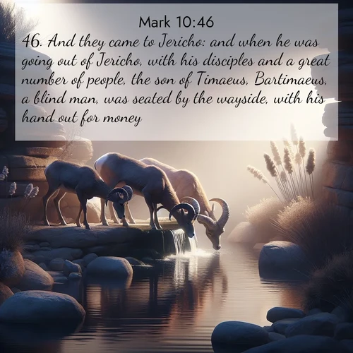 BBE Gospel of Mark 10:46 overlaying nature image scene: Desert bighorns drink from hidden springs. Time flows like water through stone.;46. And they came to Jericho: and when he was going out of Jericho, with his disciples and a great number of people, the son of Timaeus, Bartimaeus, a blind man, was seated by the wayside, with his hand out for money.
