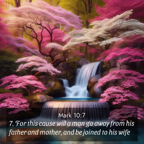 BBE Gospel of Mark 10:7 overlaying nature image scene: A spring cascade plunges into a pool surrounded by flowering dogwood.;7. For this cause will a man go away from his father and mother, and be joined to his wife;
