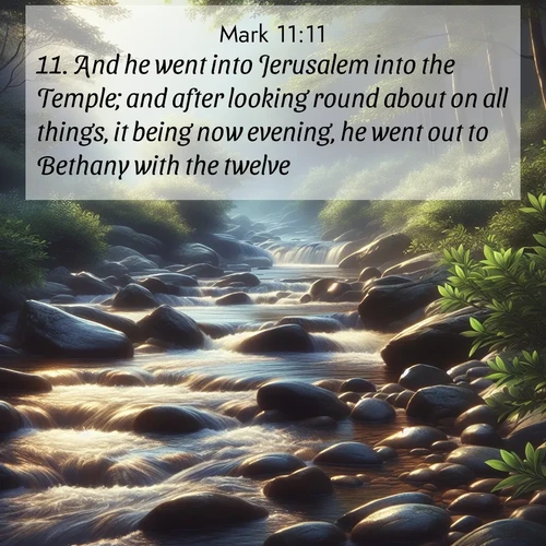BasicEnglish Gospel of Mark  ; image nature: image with the bible verse :And he went into Jerusalem into the Temple; and after looking round about on all things, it being now evening, he went out to Bethany with the twelve. ; Explore a unique collection of Bible verses illustrated by winter landscapes, such as snowy mountains, frosty forests, and starry skies. These images capture the peace and beauty of winter. Share verses like KJV Gospel of Mark 11:11. Current verse is overlayed with the thematic nature scene : A mountain stream tumbles over smooth rocks between banks of mountain laurel. ; 11:11