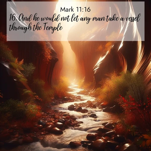 BasicEnglish Gospel of Mark  ; image nature: image with the bible verse :And he would not let any man take a vessel through the Temple. ; Browse a vast collection of Bible verse images featuring awe-inspiring landscapes such as calm lakes, vibrant sunsets, and peaceful fields. Download them for free and enjoy verses like KJV Gospel of Mark 11:16. Current verse is overlayed with the thematic nature scene : Autumn rain creates temporary streams in slot canyons. ; 11:16