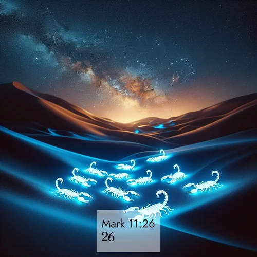 BasicEnglish Gospel of Mark  ; image nature: image with the bible verse :[] ; Download high-resolution Bible verse images showcasing the beauty of God&#039;s creation—from radiant sunsets to tranquil rivers. Free for use as wallpapers or sharing verses like KJV Gospel of Mark 11:26. Current verse is overlayed with the thematic nature scene : Desert scorpions glow under black light. Stars wheel in infinite darkness. ; 11:26