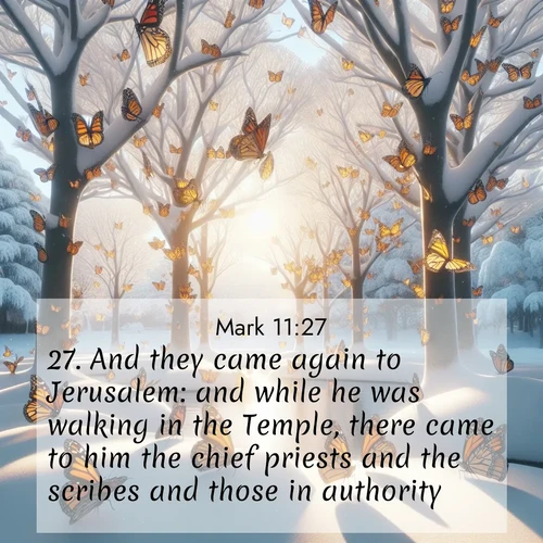BasicEnglish Gospel of Mark  ; image nature: image with the bible verse :And they came again to Jerusalem: and while he was walking in the Temple, there came to him the chief priests and the scribes and those in authority: ; Browse our selection of stunning Bible verse images featuring unique natural scenes like fiery autumn forests, serene meadows, and starlit skies. Download and share verses like KJV Gospel of Mark 11:27 for free. Current verse is overlayed with the thematic nature scene : Monarch butterflies cover winter trees. Their wings catch light like stained glass. ; 11:27