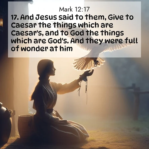 BasicEnglish Gospel of Mark  ; image nature: image with the bible verse :And Jesus said to them, Give to Caesar the things which are Caesar&#039;s, and to God the things which are God&#039;s. And they were full of wonder at him. ; Browse high-resolution Bible verse images featuring stunning nature photography, such as radiant sunsets, tranquil rivers, and blooming fields. Perfect for wallpapers or sharing on social media. Download KJV Gospel of Mark 12:17. Current verse is overlayed with the thematic nature scene : A falconer releases his bird. Wind lifts magnificent wings. ; 12:17