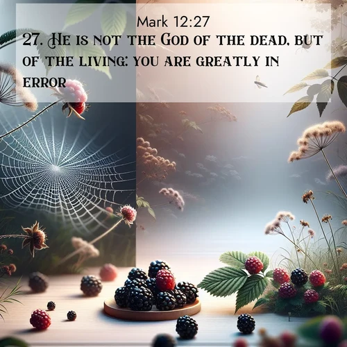 BasicEnglish Gospel of Mark  ; image nature: image with the bible verse :He is not the God of the dead, but of the living: you are greatly in error. ; Discover tranquil Bible verse images enhanced with natural scenery like rippling brooks, snow-covered fields, and sunlit beaches. These free images are perfect for wallpapers or spiritual reflection. Share KJV Gospel of Mark 12:27. Current verse is overlayed with the thematic nature scene : Wild blackberries ripen in secret hollows. Morning spider webs catch dew like diamonds. ; 12:27