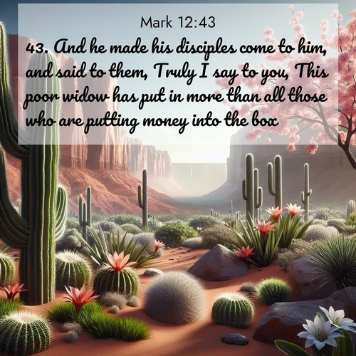 BasicEnglish Gospel of Mark  ; image nature: image with the bible verse :And he made his disciples come to him, and said to them, Truly I say to you, This poor widow has put in more than all those who are putting money into the box: ; Browse our collection of Bible verses paired with captivating photos of God’s creation, like crystal-clear lakes, majestic cliffs, and colorful skies. All images are free for download and sharing. Verse examples include KJV Gospel of Mark 12:43. Current verse is overlayed with the thematic nature scene : Desert cacti burst with spring blooms against red sandstone formations. ; 12:43