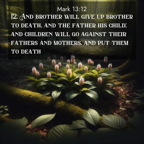 BBE Gospel of Mark 13:12 overlaying nature image scene: Wild ginger blooms hidden in forest shadows. Filtered sunlight reveals their secret beauty.;12. And brother will give up brother to death, and the father his child; and children will go against their fathers and mothers, and put them to death.