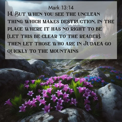 BBE Gospel of Mark 13:14 overlaying nature image scene: Alpine gentians bloom in rocky crevices. Summer storms gather above treeline.;14. But when you see the unclean thing which makes destruction, in the place where it has no right to be (let this be clear to the reader), then let those who are in Judaea go quickly to the mountains:
