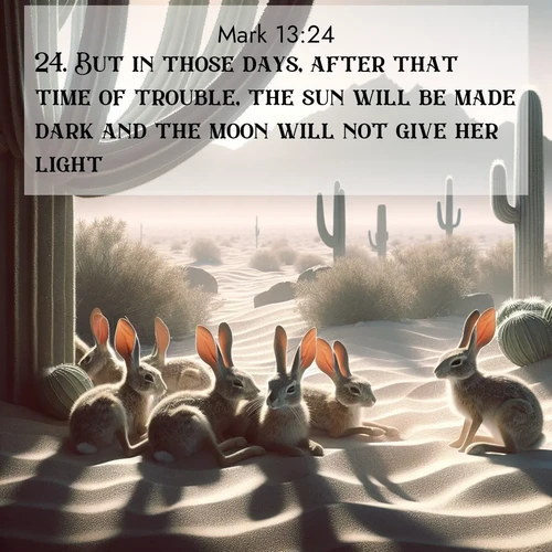 BBE Gospel of Mark 13:24 overlaying nature image scene: Desert jackrabbits rest in cactus shade. Heat waves distort distant peaks.;24. But in those days, after that time of trouble, the sun will be made dark and the moon will not give her light,