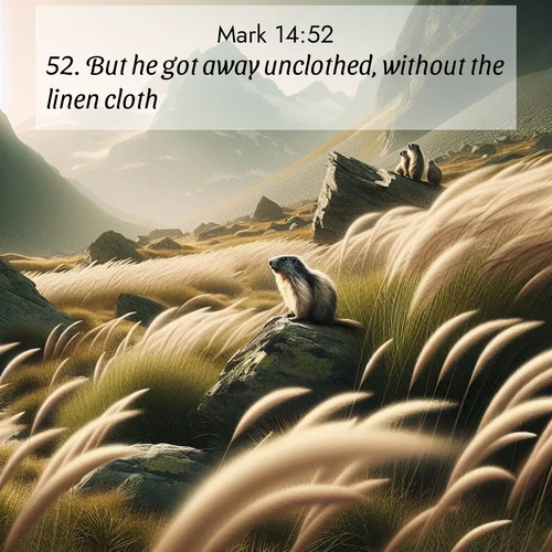 BasicEnglish Gospel of Mark  ; image nature: image with the bible verse :But he got away unclothed, without the linen cloth. ; Explore a spring collection of Bible images, with landscapes of green hills, wildflowers, and crystal-clear streams. These images symbolize the blossoming of God&#039;s creation. Download verses like KJV Gospel of Mark 14:52. Current verse is overlayed with the thematic nature scene : Mountain meadow grasses bend in alpine wind. Marmots whistle warnings from rocky outcrops. ; 14:52