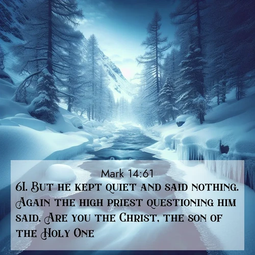 BasicEnglish Gospel of Mark  ; image nature: image with the bible verse :But he kept quiet and said nothing. Again the high priest questioning him said, Are you the Christ, the son of the Holy One? ; Explore Bible verse images beautifully illustrated with spring scenes, such as blooming meadows, trees in full bloom, and tranquil streams. These landscapes convey divine hope and vitality. Download and share verses like KJV Gospel of Mark 14:61. Current verse is overlayed with the thematic nature scene : A mountain stream disappears beneath winter ice. Its song continues in hidden chambers. ; 14:61