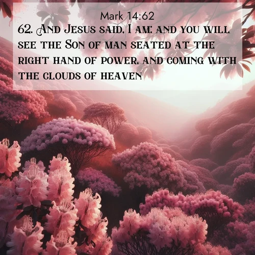BasicEnglish Gospel of Mark  ; image nature: image with the bible verse :And Jesus said, I am: and you will see the Son of man seated at the right hand of power, and coming with the clouds of heaven. ; Discover our curated gallery of Bible verse images with breathtaking scenery, from tranquil deserts to lush green pastures. Perfect for phone wallpapers or sharing online. Download verses like KJV Gospel of Mark 14:62. Current verse is overlayed with the thematic nature scene : Mountain laurel blooms paint hillsides pink. Spring breezes carry their honey scent. ; 14:62