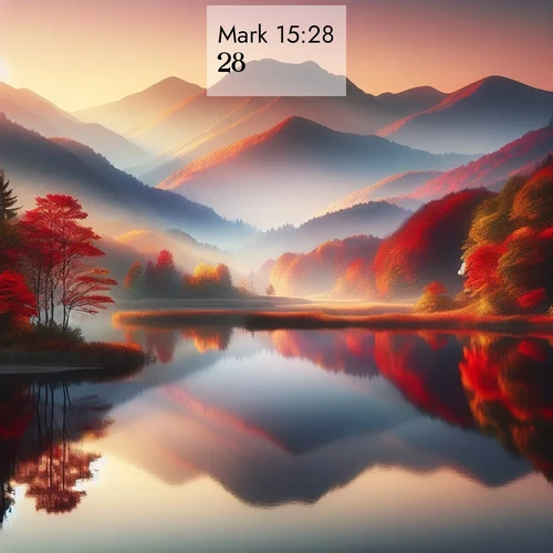 BasicEnglish Gospel of Mark  ; image nature: image with the bible verse :[] ; Discover tranquil Bible verse images enhanced with natural scenery like rippling brooks, snow-covered fields, and sunlit beaches. These free images are perfect for wallpapers or spiritual reflection. Share KJV Gospel of Mark 15:28. Current verse is overlayed with the thematic nature scene : Autumn colors reflect in a still mountain lake at sunrise. ; 15:28