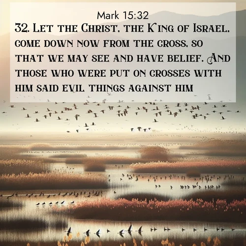BasicEnglish Gospel of Mark  ; image nature: image with the bible verse :Let the Christ, the King of Israel, come down now from the cross, so that we may see and have belief. And those who were put on crosses with him said evil things against him. ; Dive into a gallery of Bible verses illustrated by tropical beach scenes, featuring sparkling waves, seashells, and radiant sunrises. These images evoke divine peace and joy. Download and share inspiring verses like KJV Gospel of Mark 15:32. Current verse is overlayed with the thematic nature scene : Spring migration fills marshlands with calling birds. ; 15:32