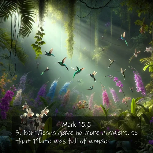 BasicEnglish Gospel of Mark  ; image nature: image with the bible verse :But Jesus gave no more answers, so that Pilate was full of wonder. ; Dive into a gallery of Bible verses illustrated by tropical beach scenes, featuring sparkling waves, seashells, and radiant sunrises. These images evoke divine peace and joy. Download and share inspiring verses like KJV Gospel of Mark 15:5. Current verse is overlayed with the thematic nature scene : Wild orchids bloom in a rainforest canopy. Hummingbirds dart between the delicate flowers. ; 15:5