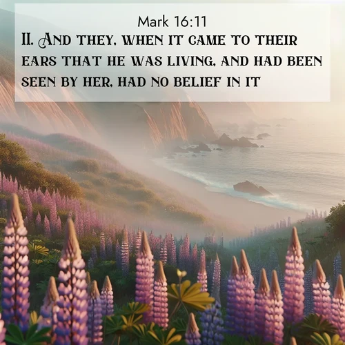 BBE Gospel of Mark 16:11 overlaying nature image scene: Wild lupines carpet coastal bluffs. Pacific fog rolls in like smoke.;11. And they, when it came to their ears that he was living, and had been seen by her, had no belief in it.
