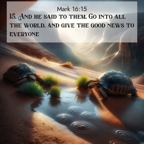 BasicEnglish Gospel of Mark  ; image nature: image with the bible verse :And he said to them, Go into all the world, and give the good news to everyone. ; Dive into a gallery of Bible verses illustrated by tropical beach scenes, featuring sparkling waves, seashells, and radiant sunrises. These images evoke divine peace and joy. Download and share inspiring verses like KJV Gospel of Mark 16:15. Current verse is overlayed with the thematic nature scene : Desert tortoises emerge after summer rains. Thunder echoes through hidden canyons. ; 16:15