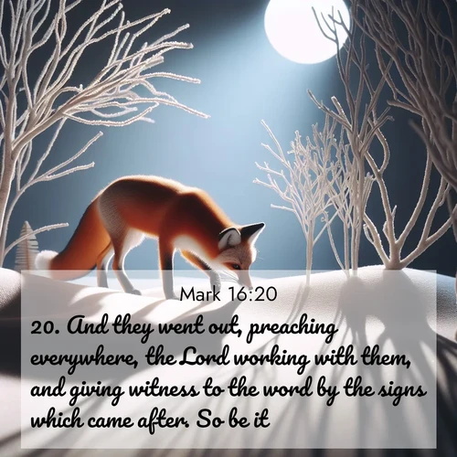 BasicEnglish Gospel of Mark  ; image nature: image with the bible verse :And they went out, preaching everywhere, the Lord working with them, and giving witness to the word by the signs which came after. So be it. ; Admire Bible verse images illustrated by summer photos, such as sunny beaches, sparkling waves, and swaying palm trees. These bright scenes highlight the joy and warmth of God&#039;s creation. Download and share verses like KJV Gospel of Mark 16:20. Current verse is overlayed with the thematic nature scene : A red fox hunts through pristine snow. Moon shadows dance between bare trees. ; 16:20