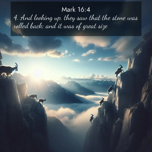 BBE Gospel of Mark 16:4 overlaying nature image scene: Mountain goats traverse sheer faces. Clouds part to reveal their path.;4. And looking up, they saw that the stone was rolled back; and it was of great size.