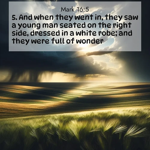 BBE Gospel of Mark 16:5 overlaying nature image scene: Summer storms approach across vast prairie skies.;5. And when they went in, they saw a young man seated on the right side, dressed in a white robe; and they were full of wonder.