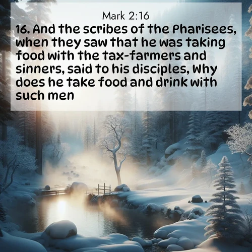 BBE Gospel of Mark 2:16 overlaying nature image scene: Morning mist rises from a hot spring in a snow-covered forest.;16. And the scribes of the Pharisees, when they saw that he was taking food with the tax-farmers and sinners, said to his disciples, Why does he take food and drink with such men?