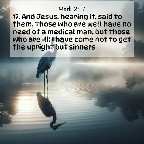 BBE Gospel of Mark 2:17 overlaying nature image scene: A great blue heron stands motionless in morning fog. Ripples spread from its reflection.;17. And Jesus, hearing it, said to them, Those who are well have no need of a medical man, but those who are ill: I have come not to get the upright but sinners.