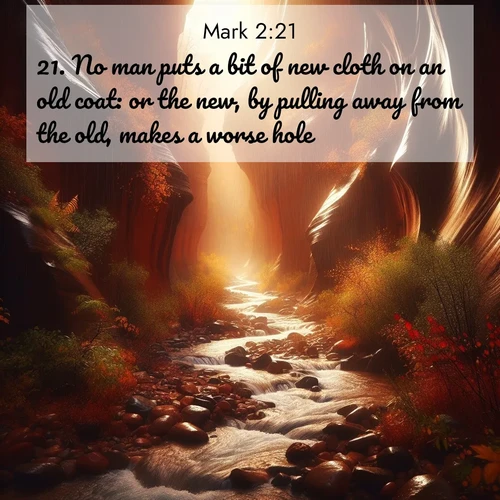 BBE Gospel of Mark 2:21 overlaying nature image scene: Autumn rain creates temporary streams in slot canyons.;21. No man puts a bit of new cloth on an old coat: or the new, by pulling away from the old, makes a worse hole.